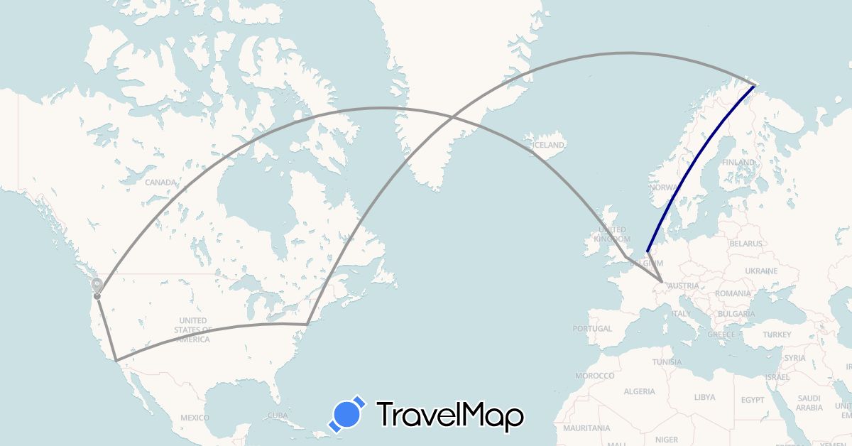 TravelMap itinerary: driving, plane in Germany, United Kingdom, Iceland, Netherlands, Norway, United States (Europe, North America)